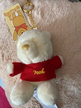 Disney Cream Winnie the Pooh Plush Keychain with Red Sweater